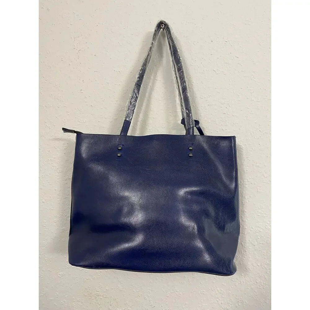 Y2K Womens Blue Colored Tote Handbag Convertible Crossbody Silver Faux Leather